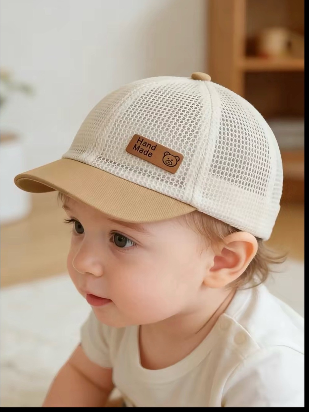 Kids Mesh Baseball Cap in Cream and Tan